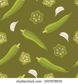 Abelmoschus esculentus,  Hibiscus esculentus, Seamless vector pattern fresh green fruits and bamia seeds, okra, ornamental vegetable green vegetable ornament against a dark background