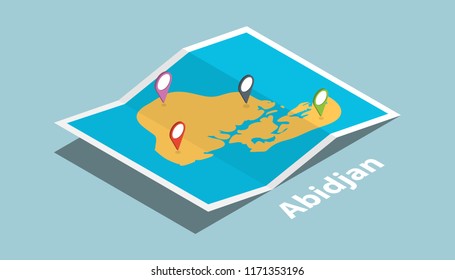 abidjan explore maps with isometric style and pin location tag on top vector illustration