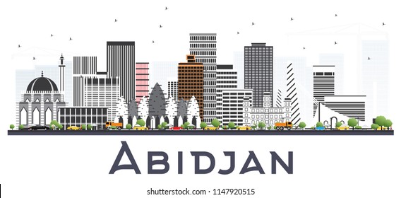 Abidjan Ivory Coast City Skyline with Gray Buildings Isolated on White. Vector Illustration. Business Travel and Tourism Concept with Modern Architecture. Abidjan Cityscape with Landmarks.