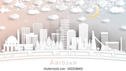 Abidjan Ivory Coast City Skyline in Paper Cut Style with White Buildings, Moon and Neon Garland. Vector Illustration. Travel and Tourism Concept. Abidjan Cityscape with Landmarks.