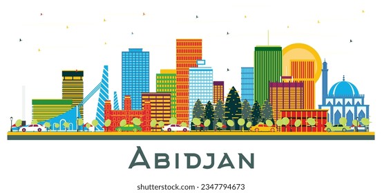 Abidjan Ivory Coast City Skyline with Color Buildings isolated on white. Vector Illustration. Business Travel and Tourism Concept with Modern Architecture. Abidjan Cityscape with Landmarks.