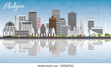 Abidjan Skyline with Gray Buildings, Blue Sky and Reflections. Vector Illustration. Business Travel and Tourism Concept with Modern Architecture. Image for Presentation Banner Placard and Web Site.