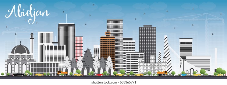 Abidjan Skyline with Gray Buildings and Blue Sky. Vector Illustration. Business Travel and Tourism Concept with Modern Architecture. Image for Presentation Banner Placard and Web Site.