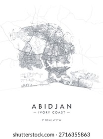 Abidjan, Vektorgrafik. Detaillierte Karte der Stadt in Côte d'Ivoire. Touristische dekorative minimalistische Straßenkarte.