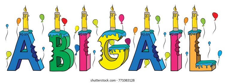 Abigail first name bitten colorful 3d lettering birthday cake with candles and balloons.