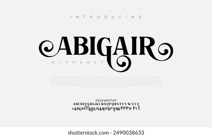 Abigair ostenta letras y números de alfabeto elegantes y de lujo. tipografía de boda Antiguas classic serif font decorativo vintage retro. Ilustración vectorial creativa