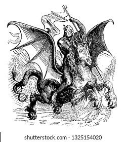 Abigor was a demon of higher order in the infernal monarchy, a handsome rider carrying the spear, vintage engraved line art illustration. Infernal Dictionary 1863.