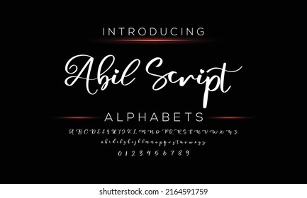 ABIL SCRIPT, Hand drawn calligraphic vector monoline font. Distress signature letters. Modern script calligraphy type. ABC typography latin signature alphabet.