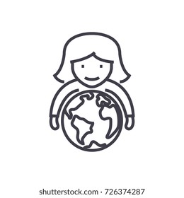 abilities,woman with globe in hands vector line icon, sign, illustration on background, editable strokes