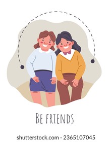 Habilidad de ser amigos y conectar, lazos con la gente. Los niños aislados con síndrome de Down tienen relaciones y amistad, personajes con desorden genético que llevan un estilo de vida normal. Vector de estilo plano