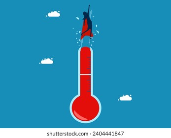 Ability beyond limits. Hot businesswoman hero flies through mercury thermometer 