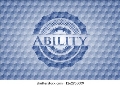 Ability blue emblem or badge with abstract geometric pattern background.