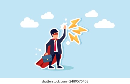 The ability to control and complete tasks with confidence, responsibility, courage, and a fearless mindset, concept of Superhero businessman with superpower to win business success