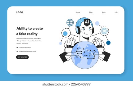 Ability to create a fake reality as neural network implementation risk web banner or landing page. Self-learning computing system processing data. Flat vector illustration