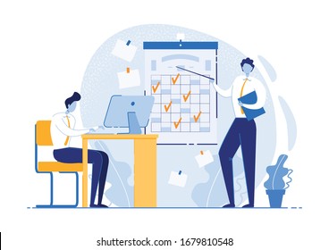 Ability Distinguish Important Tasks Secondary Ones. Employees Record During Course Work Day. Guy is Standing near Wall Calendar, an Employee is Working at Computer. Vector Illustration.