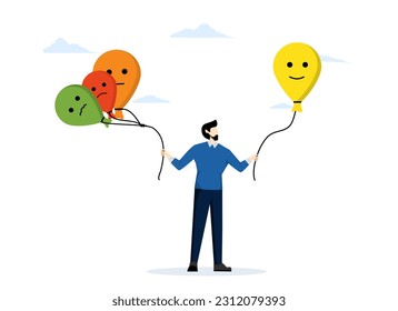 Ability to manage their emotions. Emotion regulation and management of depression. Emotional control and self-regulation. a man holding balloons with emotion face. flat vector illustration.