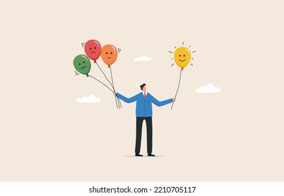 Ability to manage their emotions. Emotional control and self regulation. Emotion regulation and depression management. a man holding balloons with emotion  face.