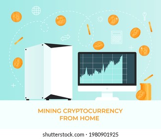 Ability to mining cryptocurrency bitcoin on your computer at home, with the help of hard drives. Physical bit coin, Digital currency concept. Flat design vector illustration