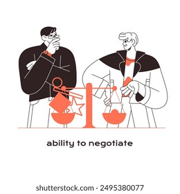 Ability to negotiate in teamwork. Soft skills, competencies concept: communication, arguing. Employees discuss, office workers make arguments. Flat isolated outline vector illustration on white