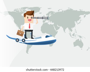 ability is nothing without opportunity. businessman holding briefcase using telescope during travel around the world by airplane