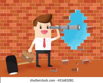 ability is nothing without opportunity. businessman using hammer destroy brick wall and looking through telescope 