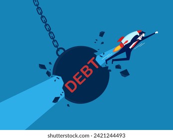 Ability to repay debt. team of businessmen drives a rocket and crashes through the debt ball 
