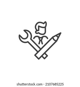 Ability, skills line icon. linear style sign for mobile concept and web design. Person with wrench and pen outline vector icon. Symbol, logo illustration. Vector graphics