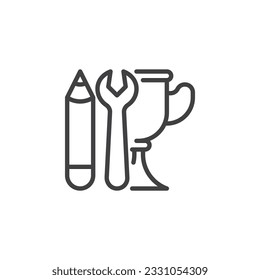 Ability, skills line icon. linear style sign for mobile concept and web design. Award cup with wrench and pencil outline vector icon. Symbol, logo illustration. Vector graphics