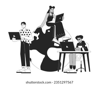 Ability to work everywhere bw concept vector spot illustration. Freelancers remote work 2D cartoon flat line monochromatic characters for web UI design. Editable isolated outline hero image