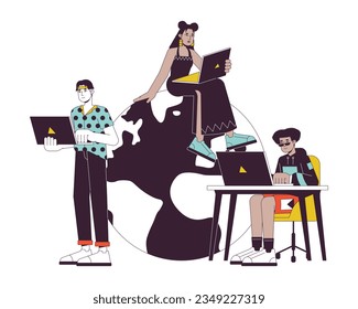 Ability to work everywhere flat line concept vector spot illustration. Freelancers remote work 2D cartoon outline characters on white for web UI design. Editable isolated color hero image