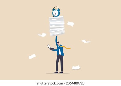 Ability to work under pressure, leadership skill to success, control stressed complete work within timeline concept, calm confident businessman working with laptop while carrying load of paperwork.