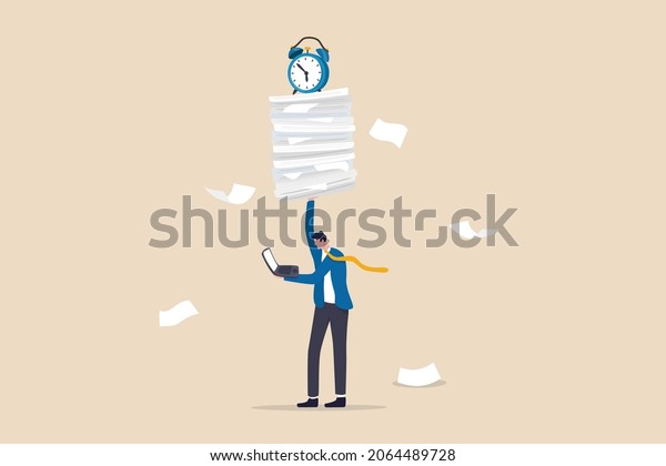 Ability to work under pressure, leadership\
skill to success, control stressed complete work within timeline\
concept, calm confident businessman working with laptop while\
carrying load of\
paperwork.