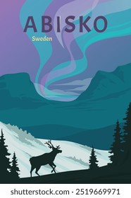 abisko nationalpark in schweden vintage poster hintergrund design, nord licht in schweden poster