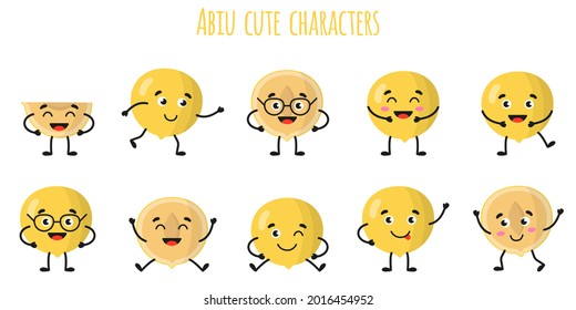 Abiu fruit cute funny cheerful characters with different poses and emotions.