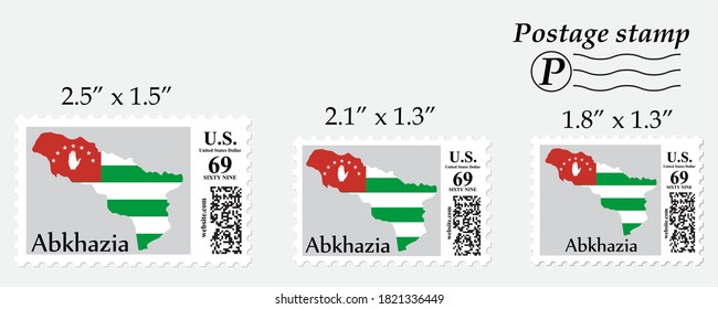 Abkhazia flag map on postage stamp different size.