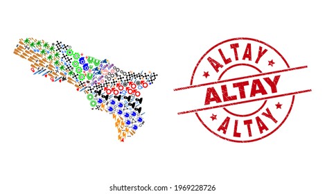 Abkhazia map collage and textured Altay red round stamp seal. Altay stamp uses vector lines and arcs. Abkhazia map collage includes gears, homes, screwdrivers, bugs, wine glasses, and more icons.
