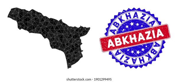 Abchasien kartographiert polygonale Masche mit gefüllten Dreiecken und grunge Bicolor Stempelsiegel. Dreiecksmosaik Abchasia Karte mit Maschenvektormodell, Dreiecke haben verschiedene Größen, Positionen und Farbtöne.