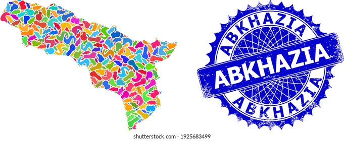 Abkhazia map vector image. Splash collage map and distressed stamp for Abkhazia. Sharp rosette blue stamp with text for Abkhazia map.