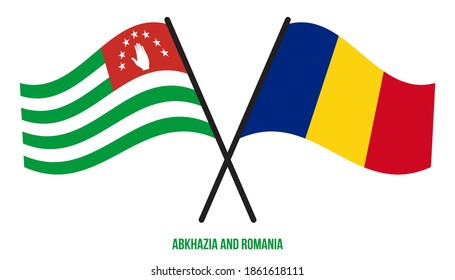 Abkhazia and Romania Flags Crossed And Waving Flat Style. Official Proportion. Correct Colors.