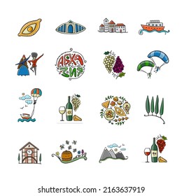 Abkhazia Travel (with name in Russian on illustration). Culture and People. Icons set for your design
