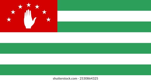 Ilustração da bandeira do vetor da Abecásia. Insígnia oficial com cores verde, branco e vermelho com uma mão e símbolo de estrelas. Ideal para projetos culturais, históricos e geográficos