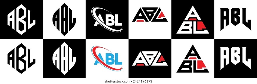 Diseño del logo de la carta ABL en seis estilos. Polígono ABL, círculo, triángulo, hexágono, de estilo plano y sencillo con el logotipo de la letra de variación en color blanco y negro en un tablero de dibujo. Logo de ABL minimalista y clásico