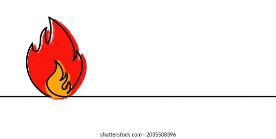 Ablaze. Cartoon, fire or flame pictogram. Fire drawn in one stroke or line pattern. Funny flat vector flames icon. Drawing burn, bonfire, campfire banner. Flamme  logo. Burns sign. Inferno fire.