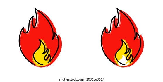 Ablaze. Cartoon, fire or flame pictogram. Fire drawn in one stroke or line pattern. Funny flat vector flames icon. Drawing burn, bonfire, campfire banner. Flamme  logo. Burns sign. Inferno fire.