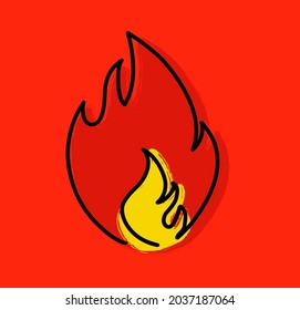 Ablaze. Cartoon, fire or flame pictogram. Fire drawn in one stroke or line pattern. Funny flat vector flames icon. Drawing burn, bonfire, campfire banner. Flamme  logo. Burns sign. Inferno fire.