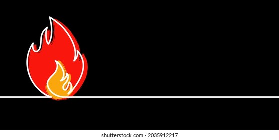 Ablaze. Cartoon, red, yellow, orange fire or flame pictogram. Fire drawn in one stroke or line pattern. Funny flat vector flames icon. Drawing burn, bonfire, campfire banner. Flamme logo. Burns sign.