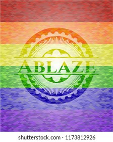 Ablaze emblem on mosaic background with the colors of the LGBT flag