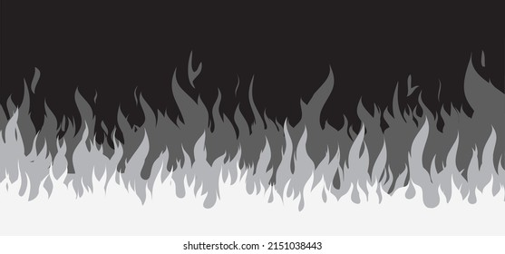 Ablaze. gray, black Fire flames. Cartoon, fire or flame sign. Drawn flames pattern. Funny vector flamme icon. Drawing burn, bonfire, campfire banner. Torch flame. Inferno fire. Fireman's job.