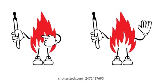 Ablaze mascot, flame with burning hot sparks. Matches, matchstick, Lucifer logo. Smoking, fire or flame icon. Match lighted icon. No flames allowed. Stop, do not open fire sign. Matchsticks, burnout