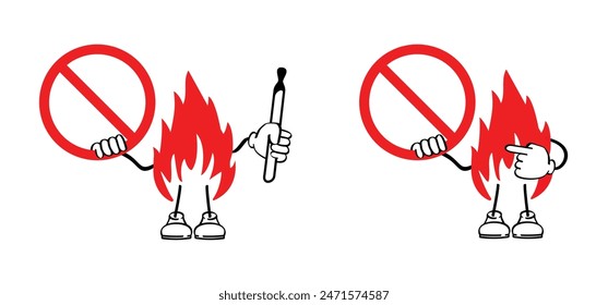 Ablaze mascot, flame with burning hot sparks. Matches, matchstick, lucifer logo. Smoking, fire or flame icon. Match lighted icon. No flames allowed. Stop, do not open fire sign. Matchsticks